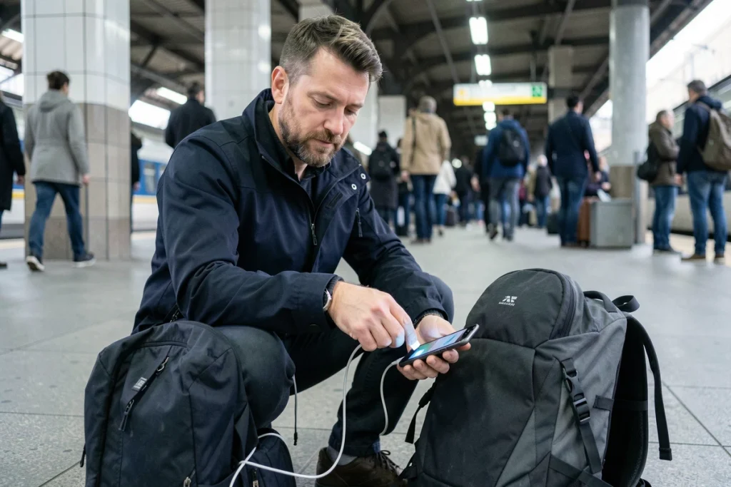 Homme branchant un câble USB-C sur son smartphone en gare, utilisation nomade d'un chargeur portable