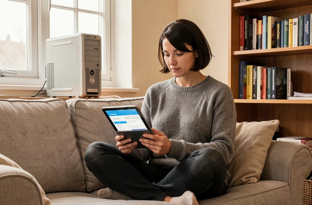 Femme consultant un rapport de compatibilité système pour la migration de Windows 7 à la maison