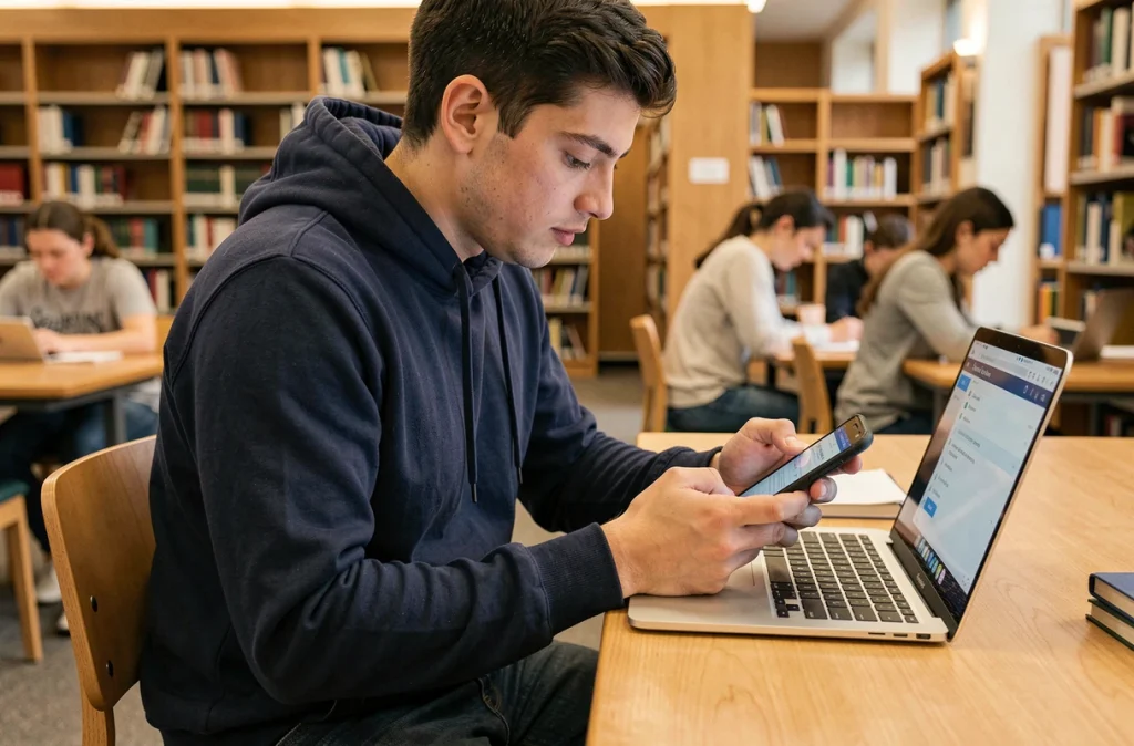 Étudiant configurant un compte webmail Etna sur smartphone Android dans une bibliothèque universitaire moderne