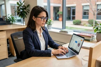 Femme professionnelle utilisant une interface webmail académique sur un ordinateur portable dans un bureau universitaire moderne en 2026