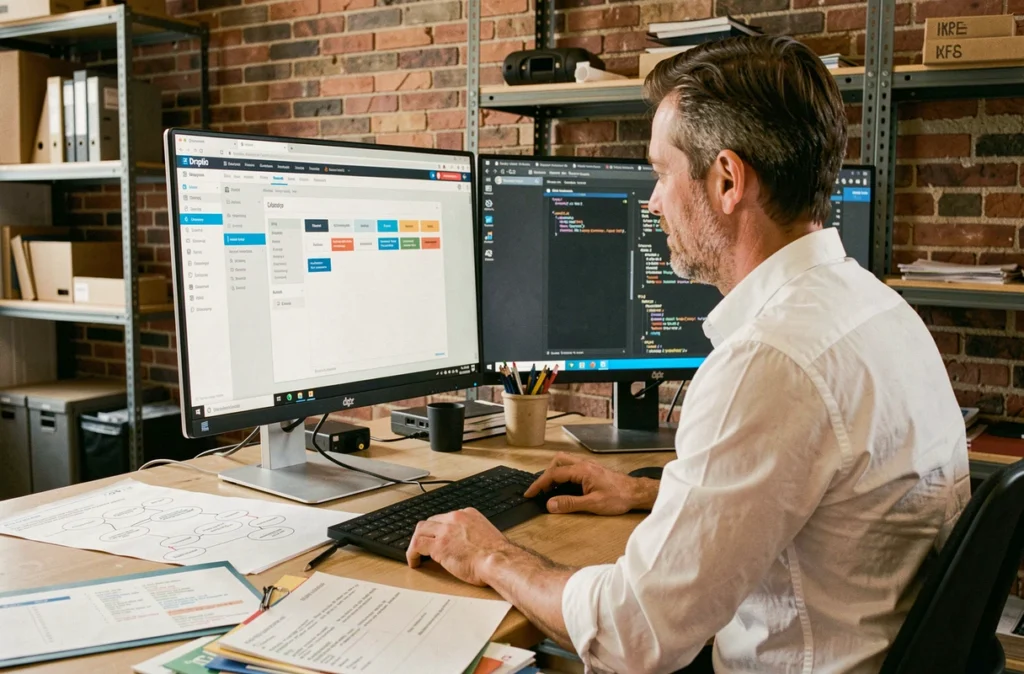 Développeur web configurant une solution Drupal sur un poste de travail double écran dans un bureau parisien