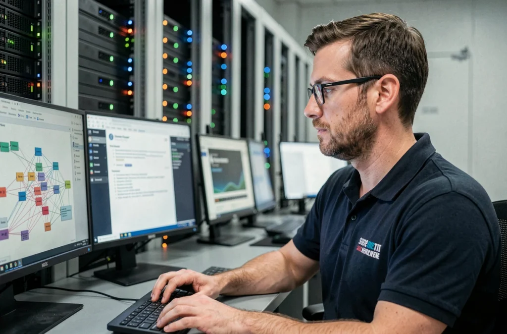Technicien informatique gérant l'infogérance et la maintenance de serveurs pour une entreprise en Nouvelle-Aquitaine