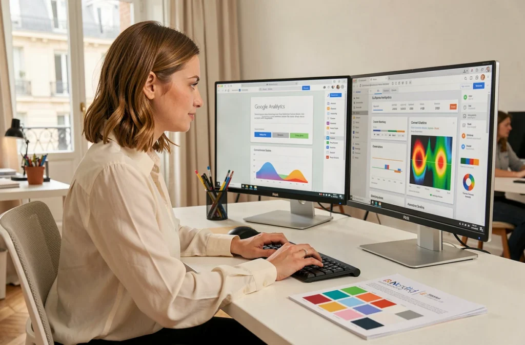 Designer UX travaillant sur une landing page orientée conversion avec des analyses de données dans un studio créatif parisien