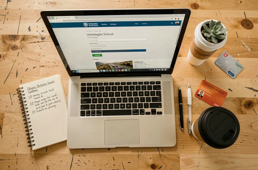 Vue de dessus d'un bureau étudiant avec ordinateur portable affichant la page webmail de l'université de Nantes, checklist manuscrite et fournitures de rentrée 2026
