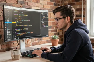 Développeur Python concentré analysant une structure for-else sur un grand écran de code dans un bureau à domicile moderne