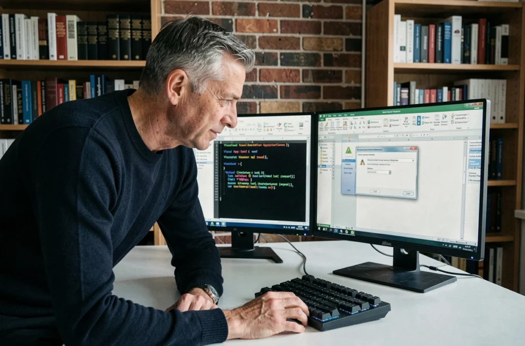 Développeur travaillant sur du code VBA Excel avec une boîte de dialogue d'ouverture de fichier sur deux moniteurs en home office