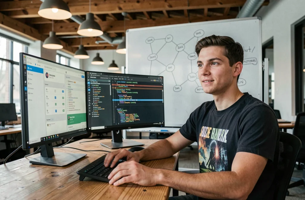 Développeur web travaillant sur une application personnalisée et du code blockchain dans un espace de coworking parisien