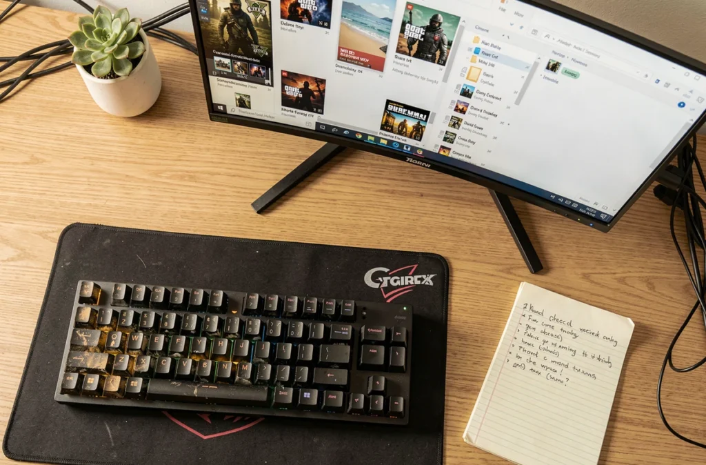 Vue aérienne d'un bureau PC avec dossiers de mods GTA V ouverts dans l'explorateur de fichiers Windows