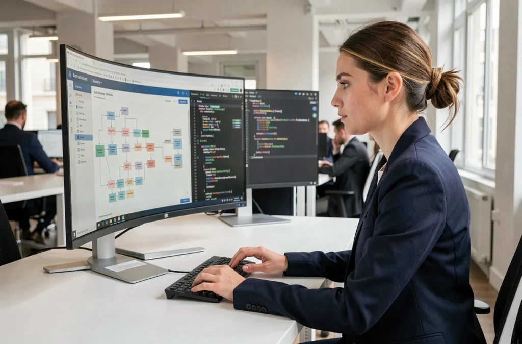 Développeuse analysant une application métier sur mesure sur un grand écran dans un bureau parisien moderne