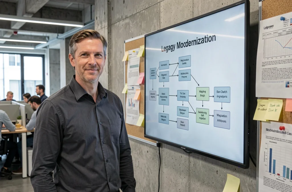 Architecte logiciel présentant un plan de modernisation de système legacy sur un grand écran dans un bureau technique parisien