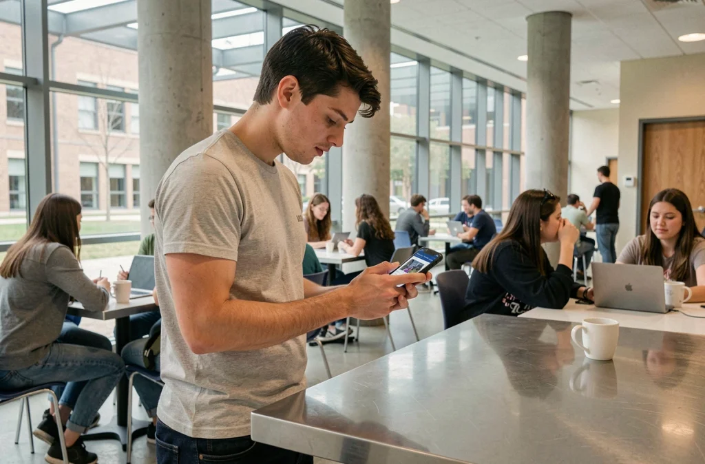 Étudiant consultant ses mails universitaires Nantes sur smartphone dans une cafétéria de campus moderne en période de rentrée