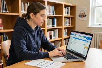 Étudiante connectée à son webmail universitaire sur un ordinateur portable dans une bibliothèque universitaire avec une liste de vérification papier pour la rentrée 2026