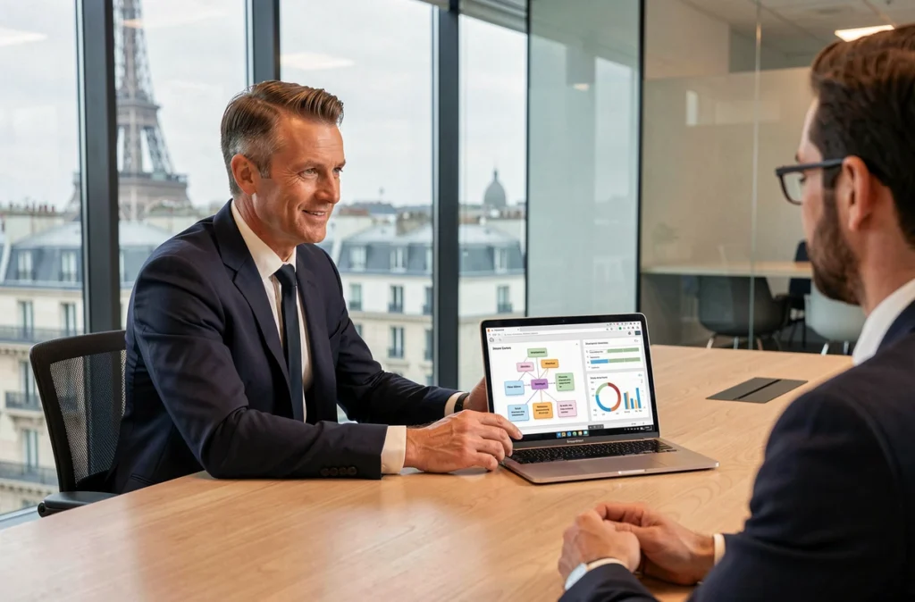 Consultant IT présentant une architecture logicielle à un grand compte dans une salle de réunion parisienne avec vue sur la ville