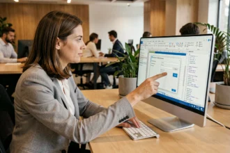 Femme professionnelle ouvrant une boîte de dialogue de fichier Excel VBA sur un ordinateur de bureau en open space