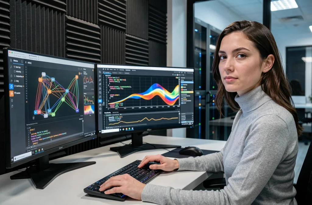 Data scientist travaillant sur des modèles d'intelligence artificielle et des tableaux de bord de données dans un bureau technologique
