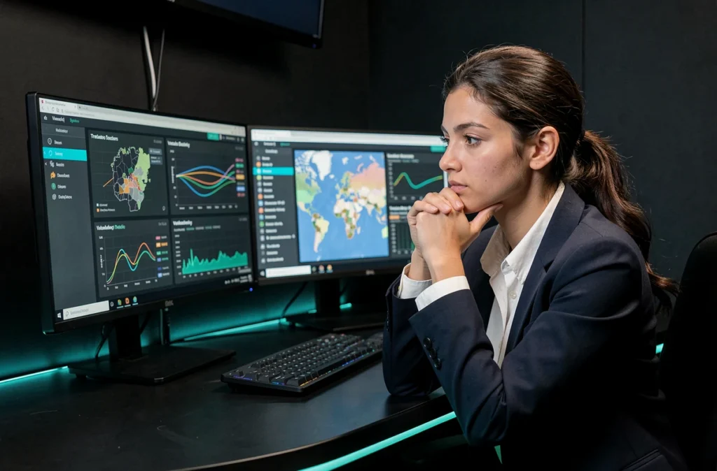 Consultante en cybersécurité analysant des menaces numériques sur des tableaux de bord de sécurité