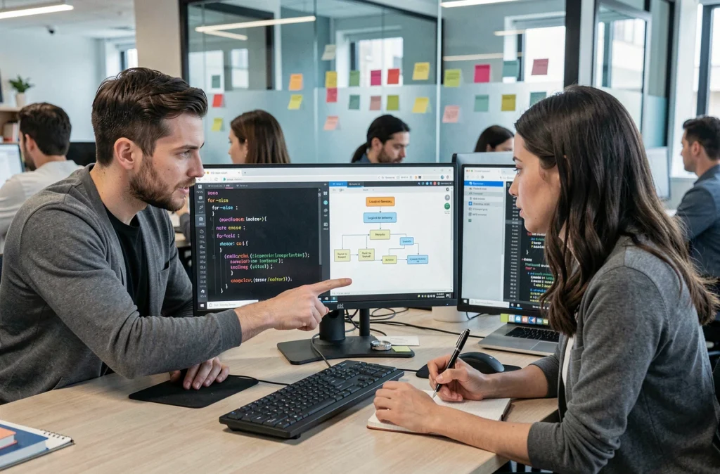 Deux ingénieurs logiciels collaborant sur une erreur de logique Python for-else devant un double écran dans un bureau open space