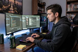 Jeune homme installant des mods GTA V sur PC gaming avec deux moniteurs et des outils de modding à l'écran