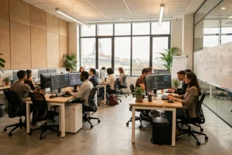 Équipe de développement logiciel travaillant dans un open space moderne à Paris avec vue sur la tour Eiffel