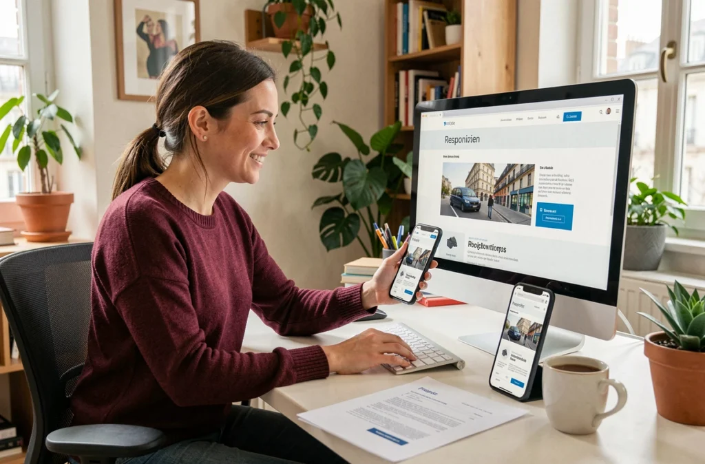 Développeuse web créant un site responsive pour une PME avec vues desktop et mobile dans un bureau parisien accueillant