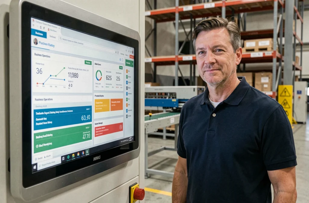 Ingénieur logiciel présentant un logiciel métier industriel sur un terminal tactile dans une installation de production