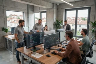 Équipe de professionnels informatiques collaborant dans un open-space moderne en Nouvelle-Aquitaine