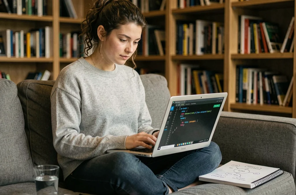 Programmeuse Python travaillant sur une boucle for-else dans un espace de coworking cosy avec un ordinateur portable ouvert