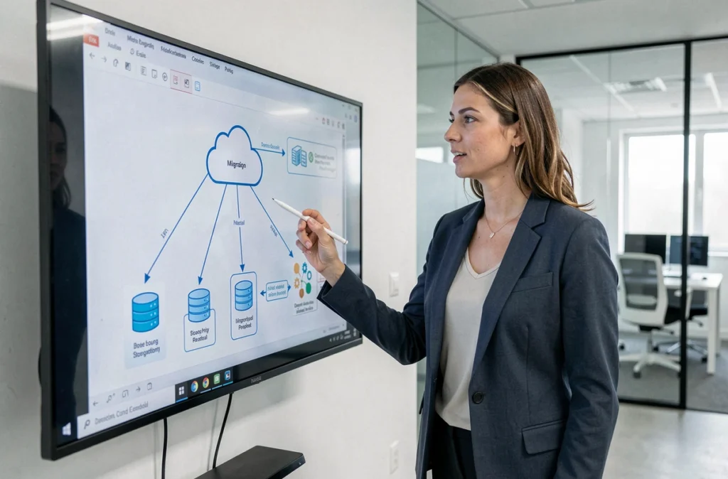 Ingénieure cloud présentant un schéma de migration d'infrastructure vers le cloud