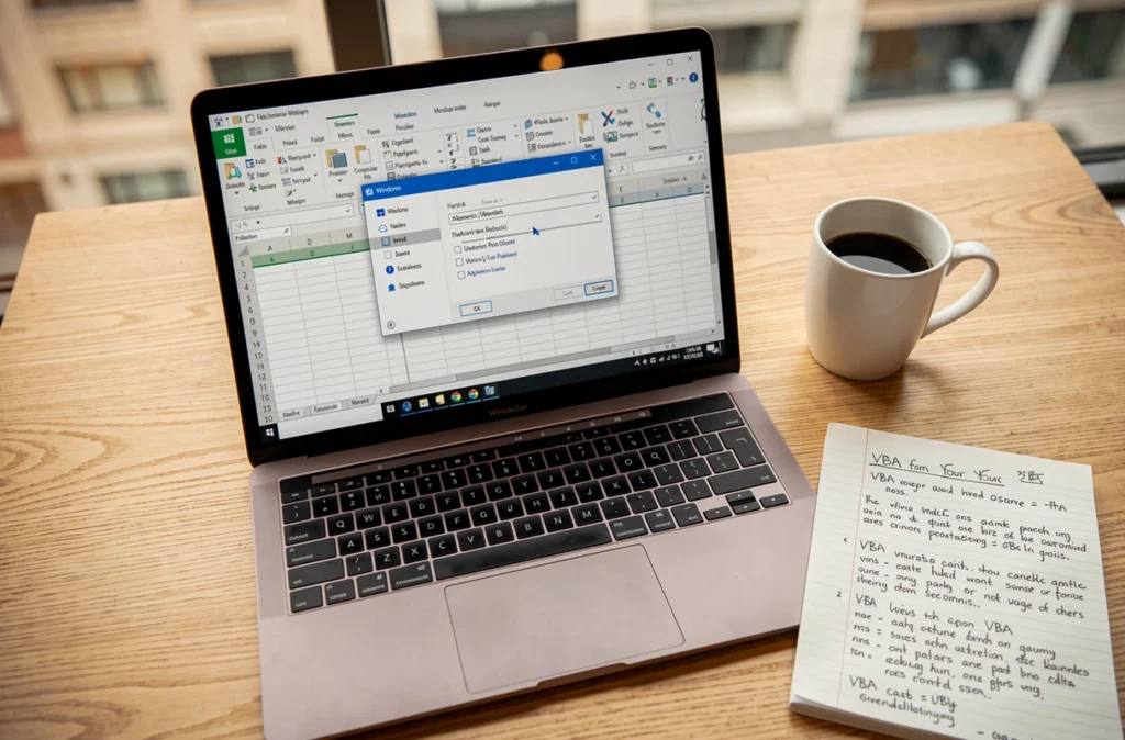 Vue de dessus d'un laptop affichant une boîte de dialogue Excel VBA pour ouvrir un fichier avec des notes manuscrites VBA sur un bureau en bois de café