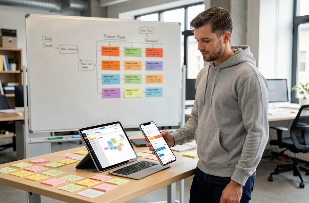 Designer produit travaillant sur une interface SaaS et mobile avec tableau de bord et wireframes dans un studio parisien