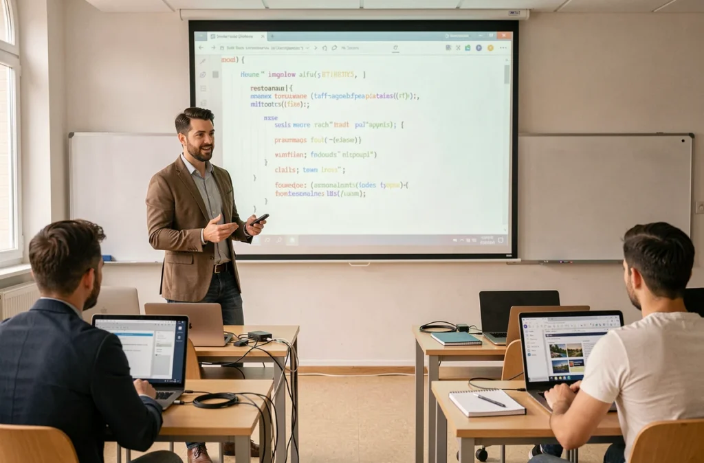 Formateur tech animant une session de formation informatique dans une salle moderne à Bordeaux