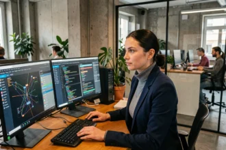 Analyste en cybersécurité travaillant sur plusieurs écrans dans un bureau moderne de Nouvelle-Aquitaine