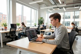 Étudiant en informatique au travail sur son ordinateur portable dans un bureau