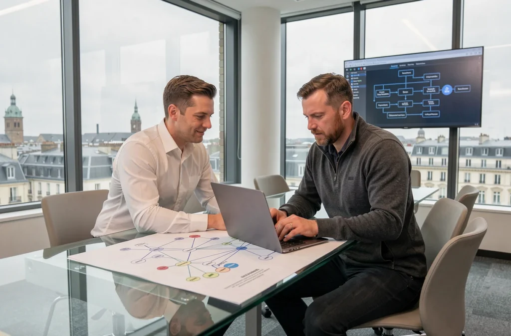 Deux experts en cybersécurité collaborant sur une architecture réseau dans une salle de réunion moderne à Bordeaux
