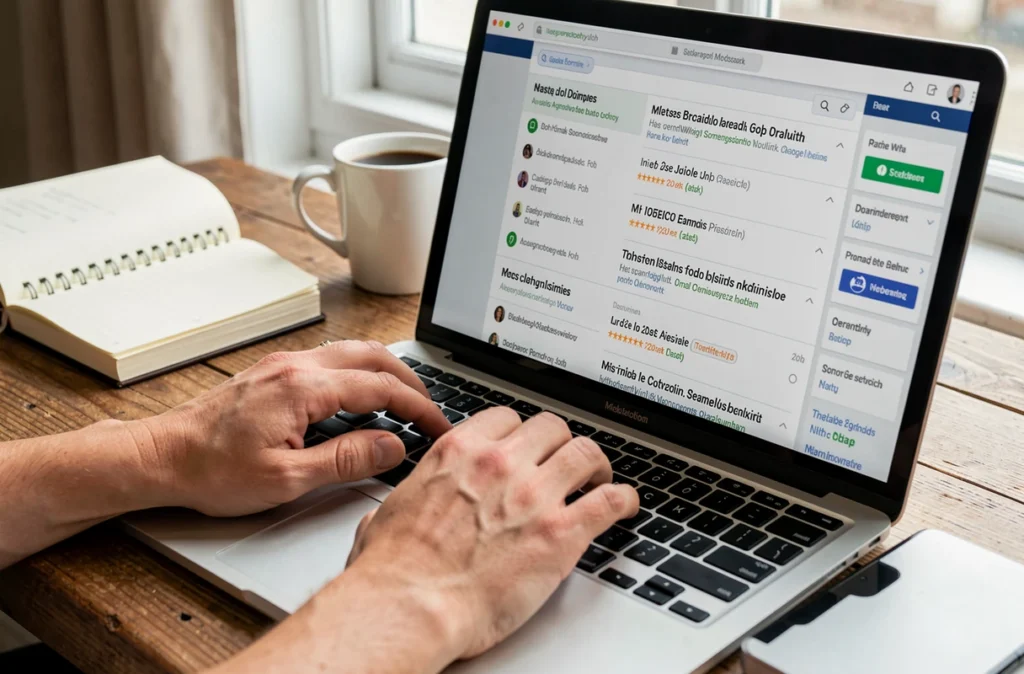 Recherche d'offres de stage sur un ordinateur portable posé sur un bureau